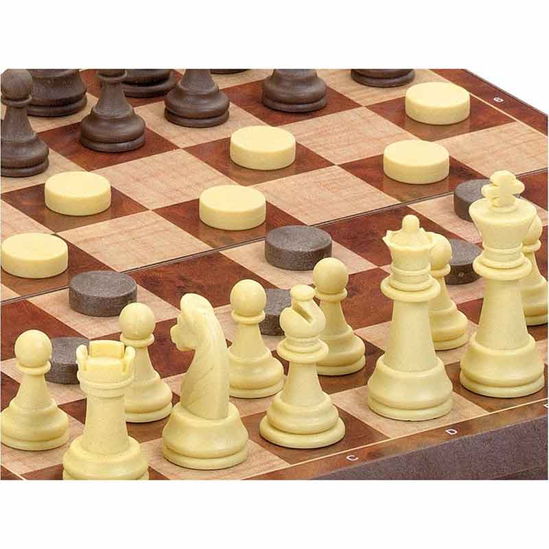 Jogo 2 em 1 xadrez e dama tabuleiro madeira infantil +6 anos - Meu