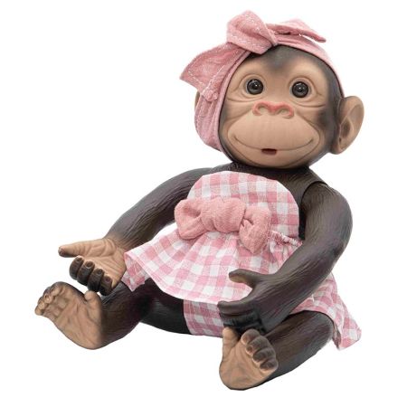 Bebé Macaco 25 cm com vestido xadrez rosa