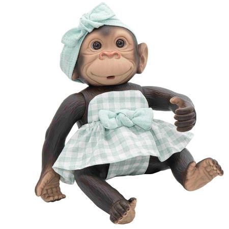 Bebé Macaco 25 cm com vestido xadrez verde