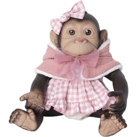 Bebé macaco reborn com vestido e capa rosa